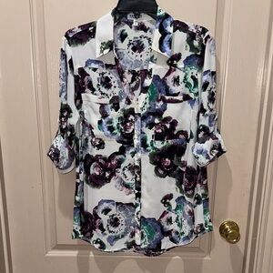 Express Portofino White Blouse with Purple and Green Floral Print